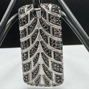 Rhodium Plated Sterling Silver “Racer” Tire Tread Black Diamond Tag With Chain